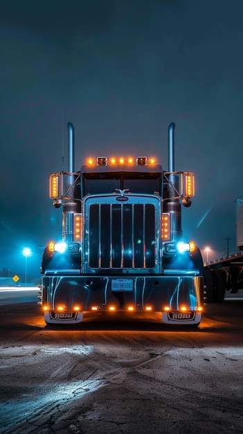 Peterbilt semi truck front view at night time