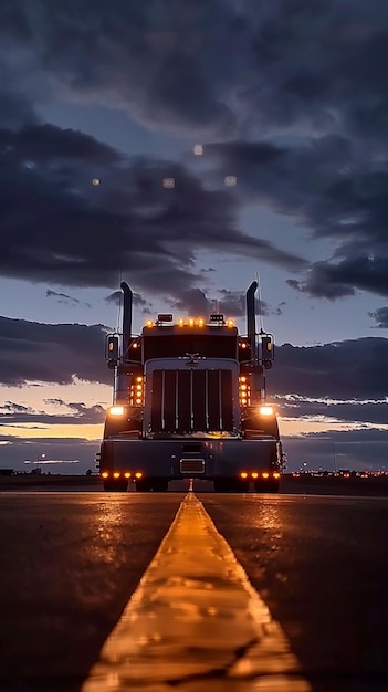 Photo peterbilt semi truck front view at night time