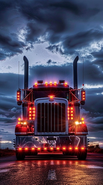 Peterbilt semi truck front view at night time