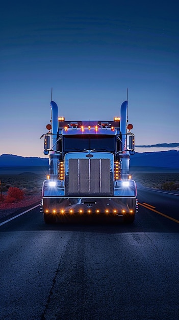 Peterbilt semi truck front view at night time