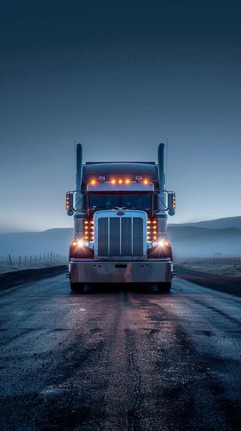 Peterbilt semi truck front view at night time