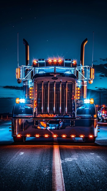 Peterbilt semi truck front view at night time