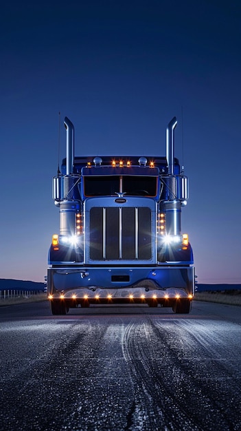 Peterbilt semi truck front view at night time