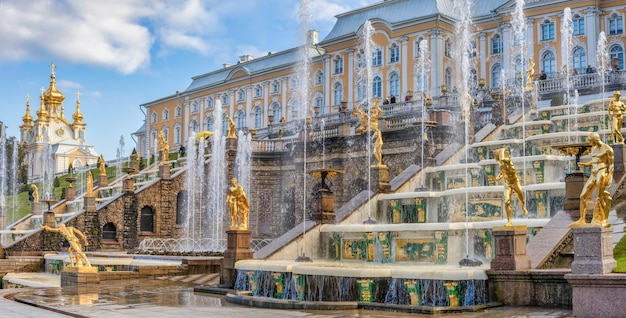 PETERHOF RUSSIA Panorama of Grand Cascade in Peterhof St Petersburg