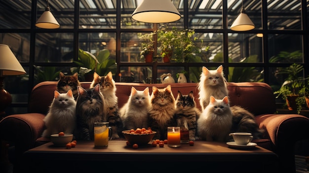 A petfriendly cafe with cats lounging on couch Generative Ai