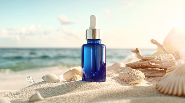 A petite cobalt blue glass serum bottle is showcased on a bed of pristine white sand evoking a tranquil and refreshing seaside vibe The bottle displays a simple white empty label and is topped with