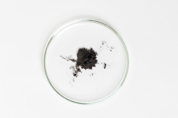 Petri dish on a light background With black powder Mushrooms mold