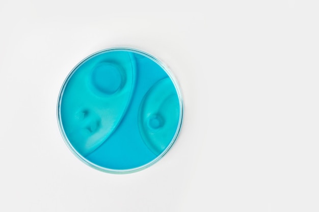 Petri dish on a light background With blue or blue liquid Water stains oil drops Laboratory glassware study Chemical elements