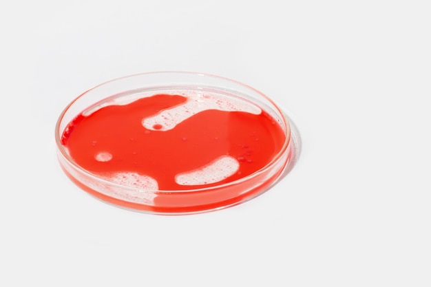 Petri dish on a light background With red liquid and interspersed with red drops Round red circles on the water flowing liquid Laboratory blood plasma Study