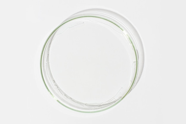 Petri dish on a light background With a smear of clear gel Cosmetic gel lubricant gel View from above