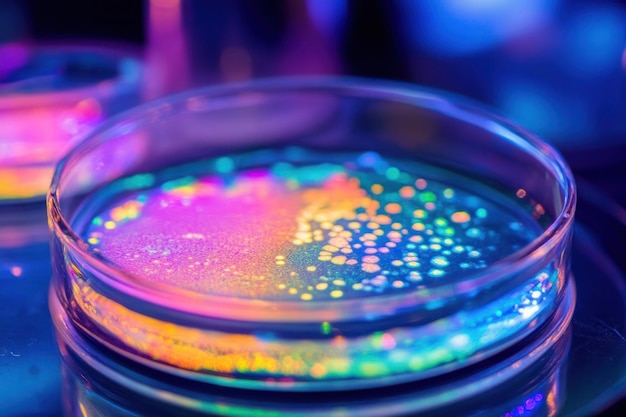 A Petri Dish with a Colorful Liquid and Reflective Surface