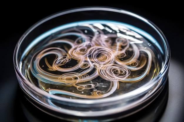 Petri dish with microbe culture growing in spiraling swirl pattern created with generative ai