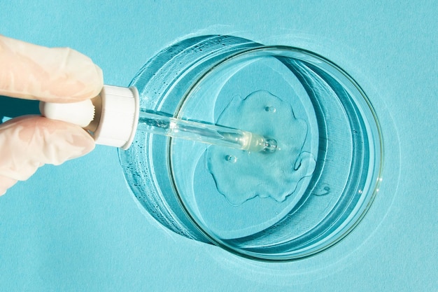 Petri dish With transparent gel A gloved hand holds a dispenser a pipette On a blue background