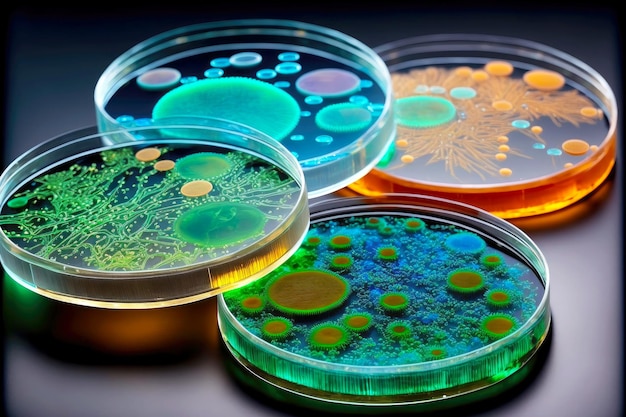 Petri dishes with dangerous colonies of yeast of different colors and shapes