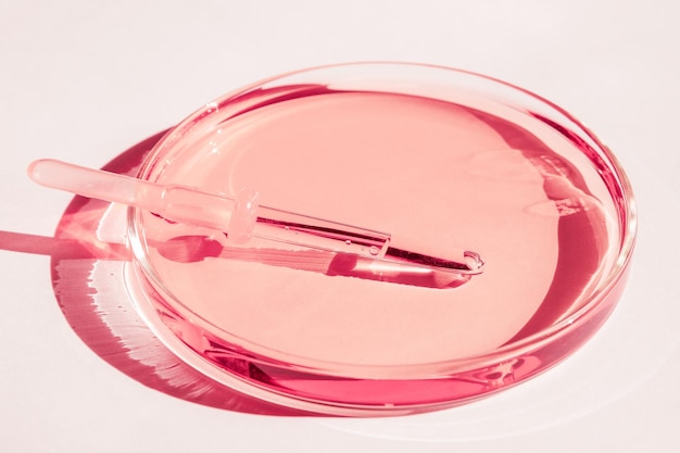 Petri dishes With pink liquid With solution Medical pipette On a white background