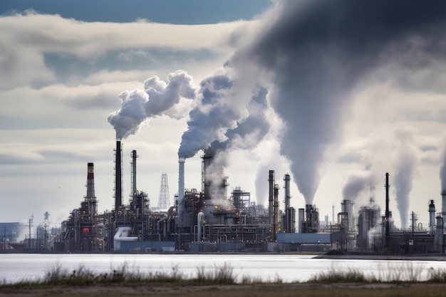 Petrochemical plant with smoke and steam rising from its chimneys