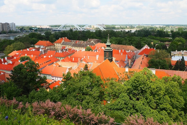 Petrovaradin Novi Sad Serbia April 30 2022 Streets old houses red roofs Tourist attraction Beautiful bright facades Urban landscape Tourist business in the Balkans