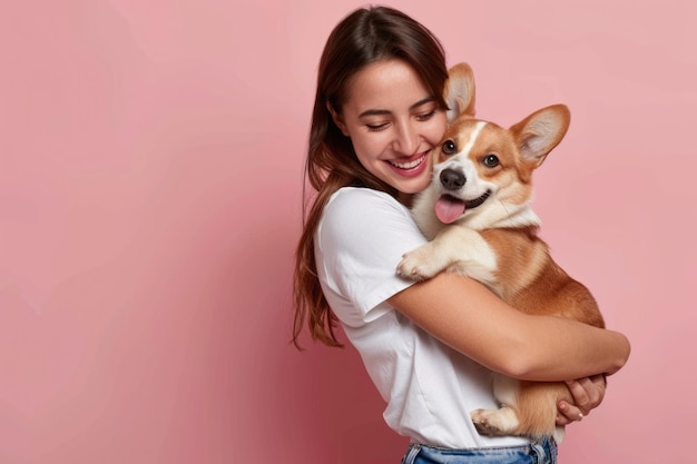 Pets On Plane Beautiful Caucasian Woman Cuddling Cute Corgi Puppy on Pink Background