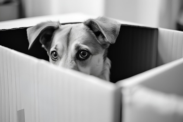 Pets in stress A scared dog is hiding in a carton box Moving with pets concept Close up of a dog in stress in a new apartment with unpacked boxes Stressed pets on a moving day relocation