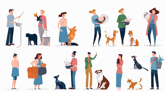 Pets in Varied Life Situations Vector Illustration Set