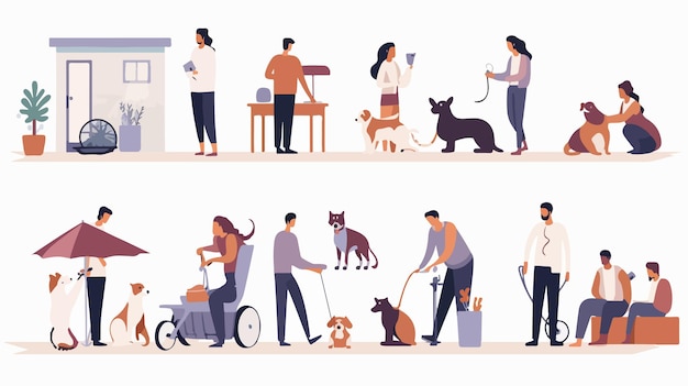 Pets in Varied Life Situations Vector Illustration Set