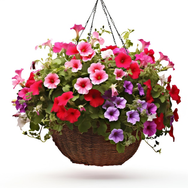 Petunia flowers in a basket isolated on white background