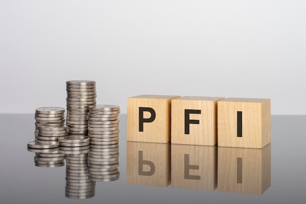 Pfi text on wooden cubes on a cold grey light background with stacks coins