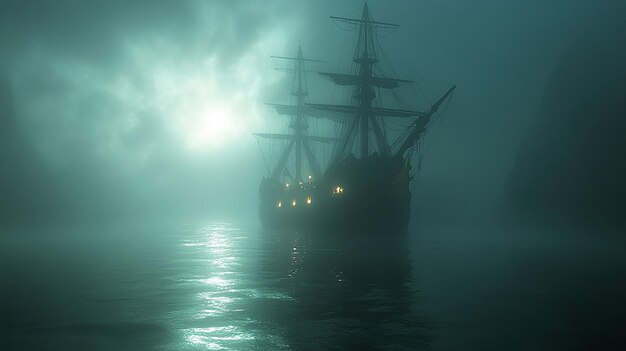 A phantom ship with eerie glowing lights floating through a dense mist casting ghostly reflections in the water animated in 3D