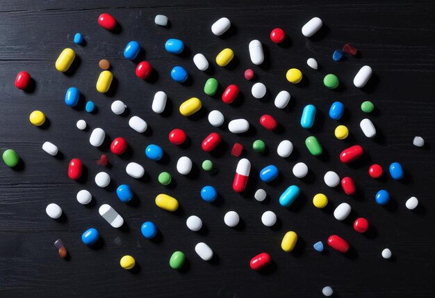 Pharmaceutical Assortment Colorful Pills Displayed on a Table