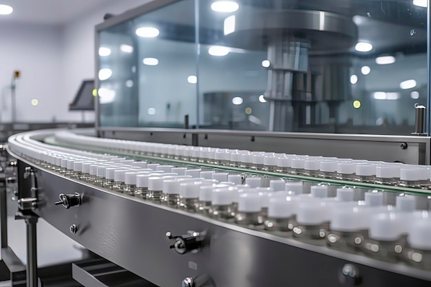 Pharmaceutical factory production line conveyor belt AI technology generated image