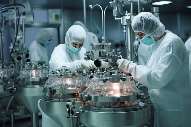 Pharmaceutical factory where workers perform various processes of kneading and mixing ingredients to