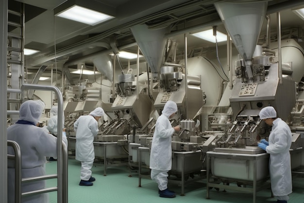 Pharmaceutical factory where workers perform various processes of kneading and mixing ingredients to