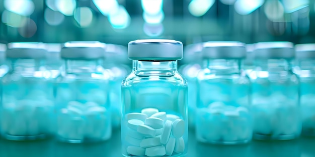 Pharmaceutical manufacturing facility showcasing rows of medicine bottles in production Concept Pharmaceutical Industry Medicine Production Manufacturing Process Bottling Facility