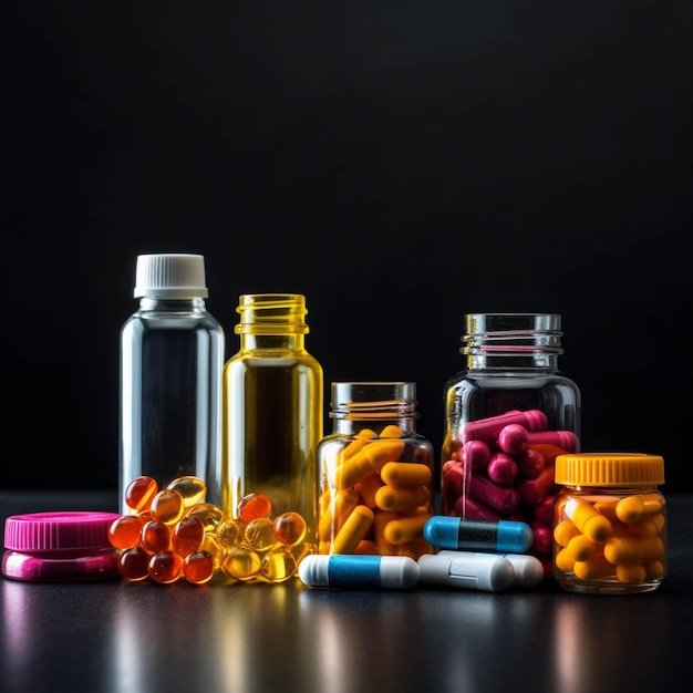 Pharmaceutical medicine pills and capsules on black background with copy space