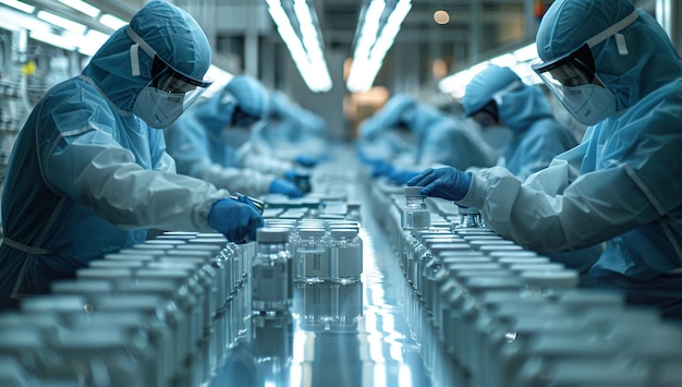 Pharmaceutical Production Line with Workers in Protective Gear