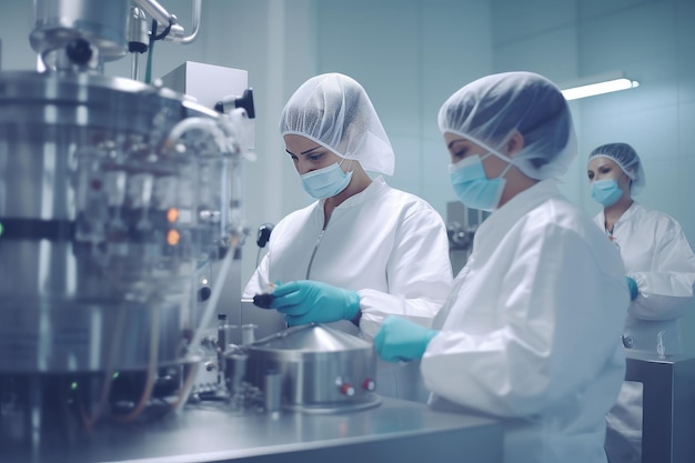 Pharmaceutical workers testing the quality of production of medicines and cosmetics