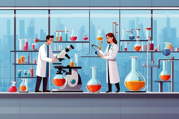 Pharmaceuticals laboratory flat composition with scientist characters working illustration