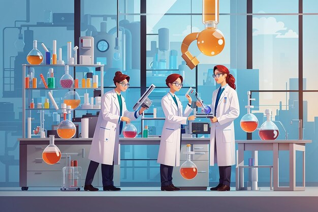 Pharmaceuticals laboratory flat composition with scientist characters working illustration