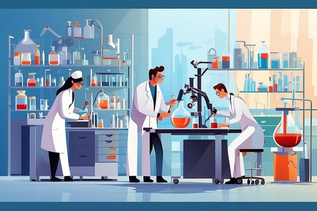 Pharmaceuticals laboratory flat composition with scientist characters working illustration