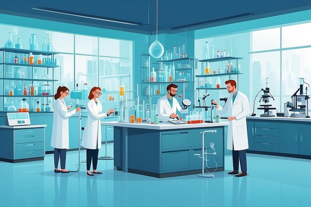 Pharmaceuticals laboratory flat composition with scientist characters working illustration