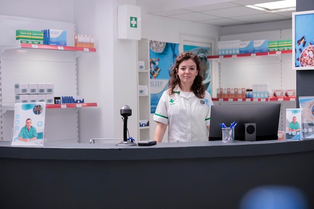 Pharmacist in medical uniform standing at drugstore counter, working with client pharmaceutical prescription. Pharmacy worker selling supplements, vitamin for a healthy lifestyle. Medicine suport