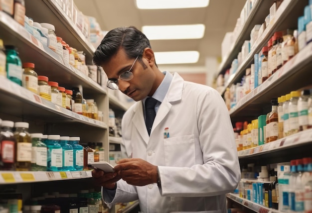 A pharmacist organizes medications on shelves focusing on pharmaceutical care and medication