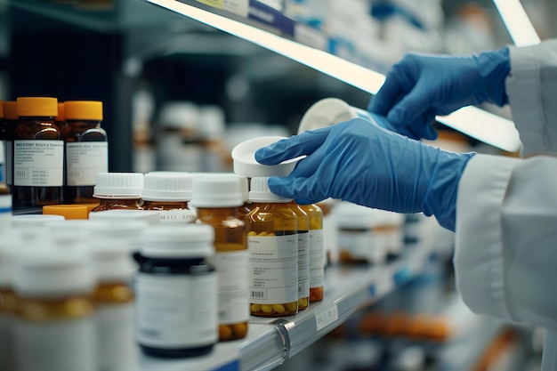 Photo pharmacist organizing medication bottles in a pharmacy