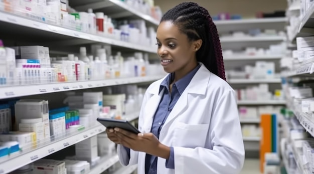 A pharmacist in a pharmacy aisle with a tablet.