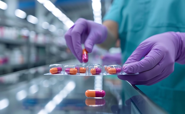 Pharmacist in Pharmacy Sorting Medication Capsules Wearing Purple Gloves in Lab