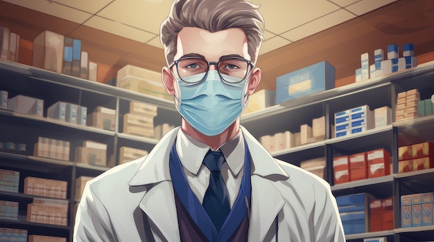 Pharmacist in a pharmacy wearing a mask