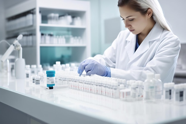 A pharmacist preparing medication in a laboratory with medical equipment