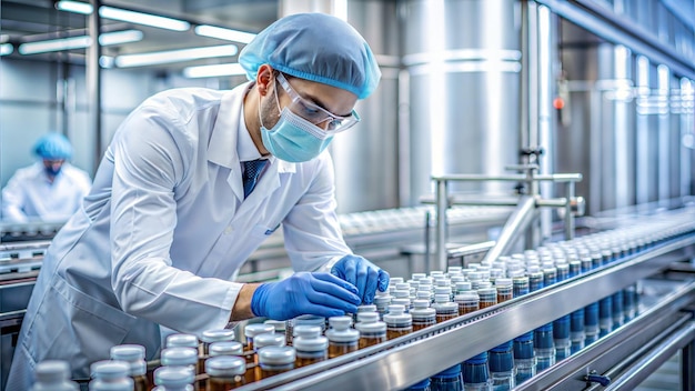 Pharmacist scientist with sanitary gloves examining medical vials on a production line conveyor belt