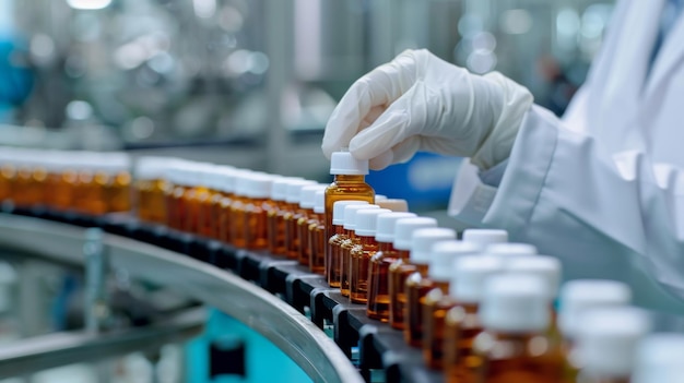 Pharmacist scientist with sanitary gloves examining medical vials on production line