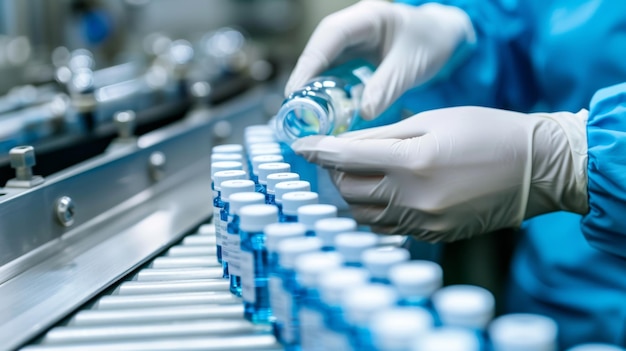 Pharmacist scientist with sanitary gloves examining medical vials on production line